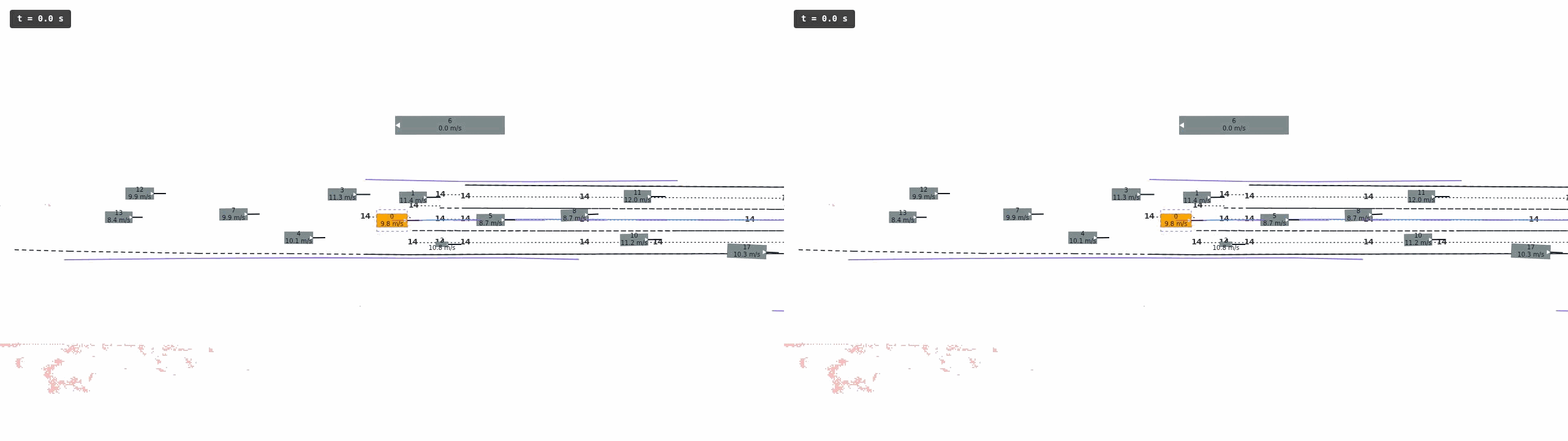 DriveRL test-time search: without on the left, with on the right